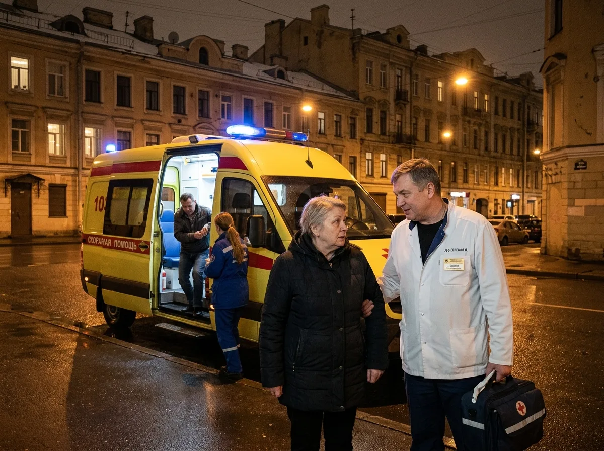 Врач нарколог приезжает на дом к пациенту в Санкт-Петербурге, ночная улица, скорая помощь, атмосфера доверия и срочности