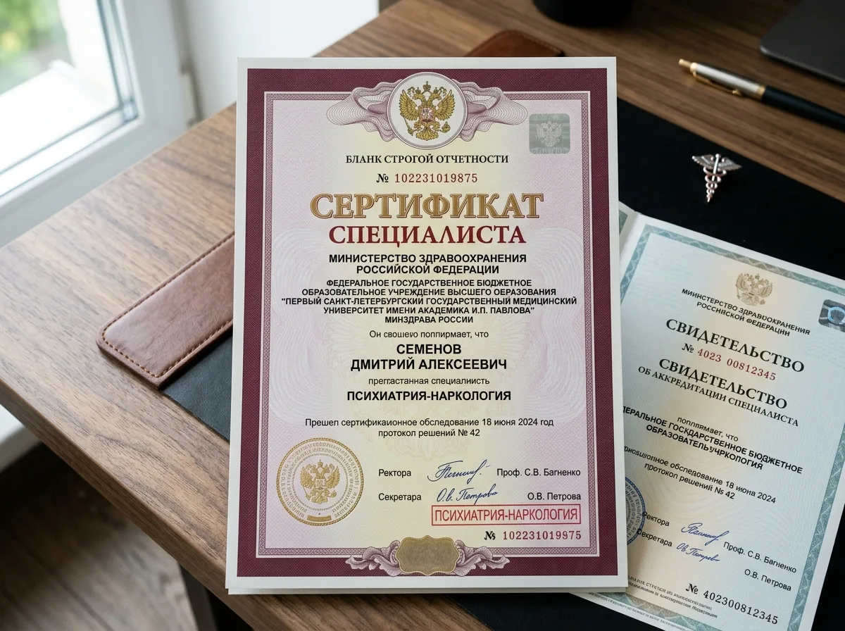 Сертификат специалиста психиатра-нарколога, выданный медицинским университетом, документ о прохождении аккредитации, официальный бланк